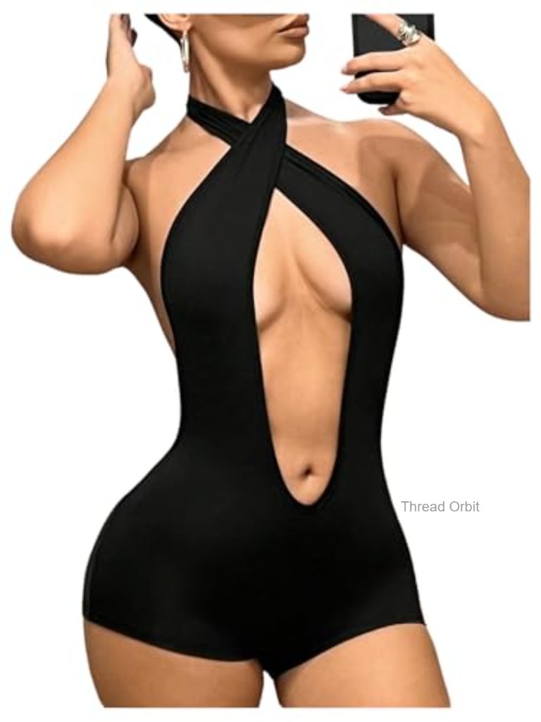 Cut Out Criss Cross Halter Backless Romper - Night Out Clubwear